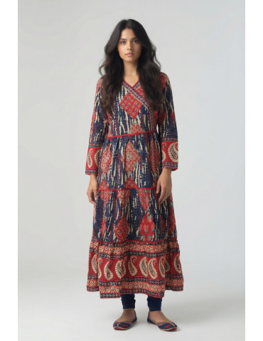 Women Maroon Blue Cotton Abstract Printed Anarkali Kurta