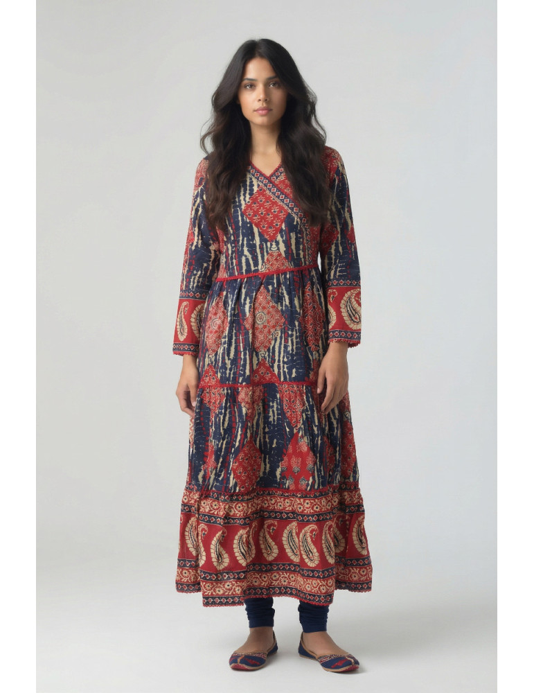 Women Maroon Blue Cotton Abstract Printed Anarkali Kurta