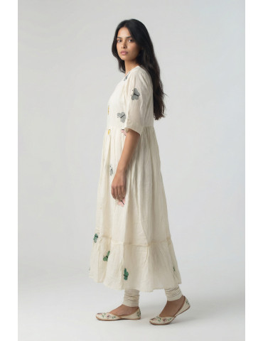 Women Off White Multicolor Cotton Butterfly Patch Work Long Kurta