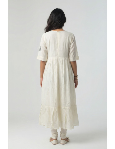Women Off White Multicolor Cotton Butterfly Patch Work Long Kurta