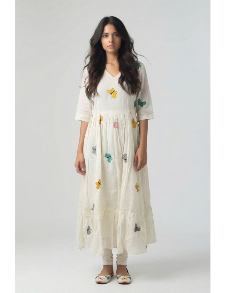 Women Off White Multicolor Cotton Butterfly Patch Work Long Kurta