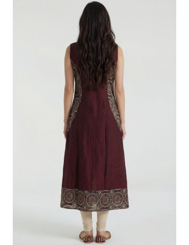 Women Maroon Black Cotton Silk Floral Long Kurta