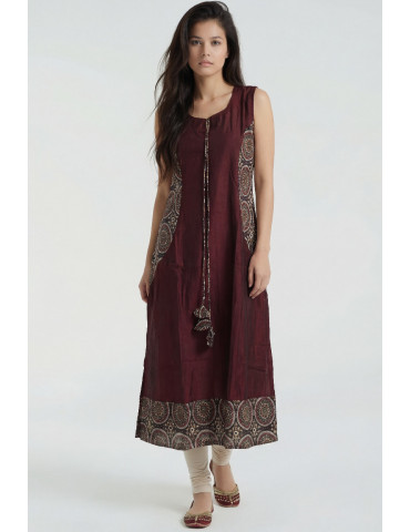 Women Maroon Black Cotton Silk Floral Long Kurta