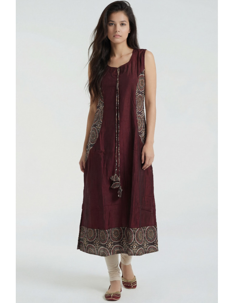 Women Maroon Black Cotton Silk Floral Long Kurta