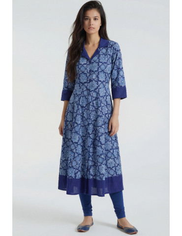 Women Royal Blue Cotton Long Kurta