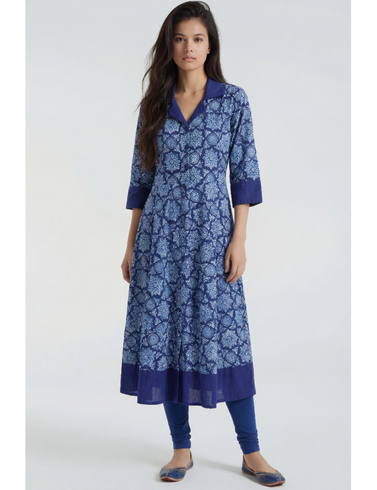 Women Royal Blue Cotton Long Kurta