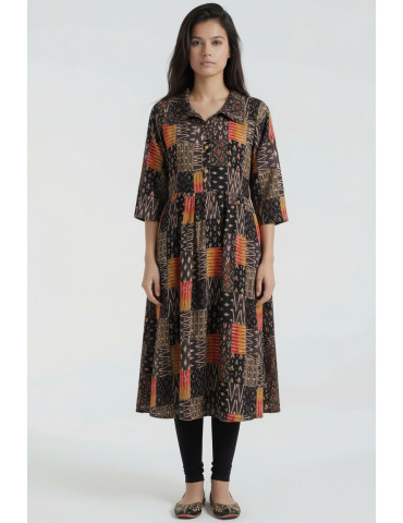 Women Black Multicolor Cotton Silk Geometric Printed Short Kurta