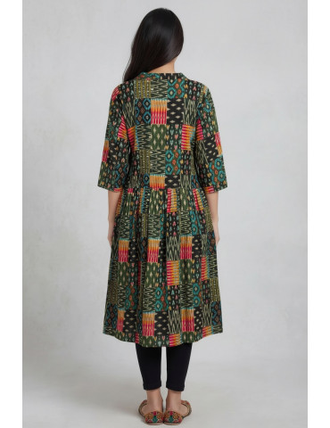 Women Bottle Green Multicolor Cotton Silk Geometric Printed Short Kurta