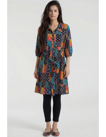 Women Royal Blue Multicolor Cotton Silk Geometric Printed Short Kurta