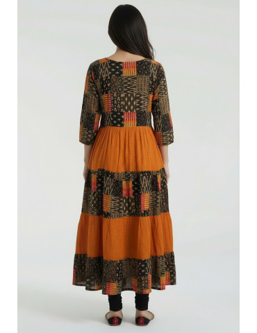 Women Burnt Orange Multicolor Cotton Silk Indo Western Gown