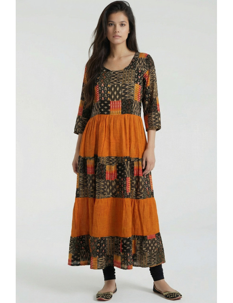 Women Burnt Orange Multicolor Cotton Silk Indo Western Gown