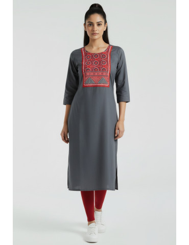 Women Navy Blue Modal Silk  Ajrakh Patch Kurta