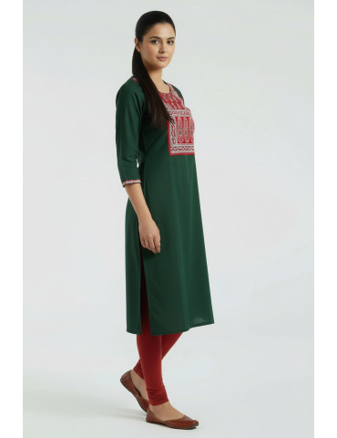 Women Bottle Green Modal Silk  Ajrakh Patch Kurta