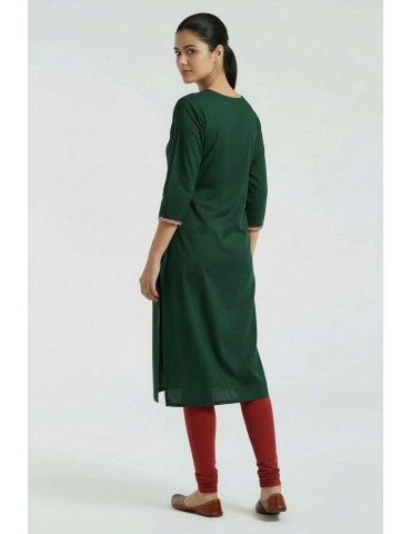 Women Bottle Green Modal Silk  Ajrakh Patch Kurta