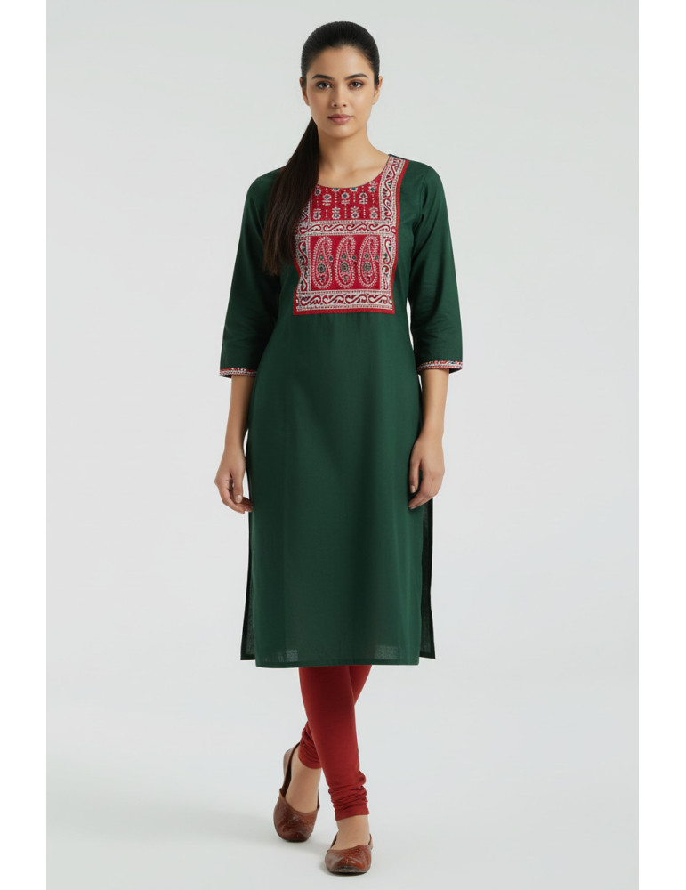 Women Bottle Green Modal Silk  Ajrakh Patch Kurta