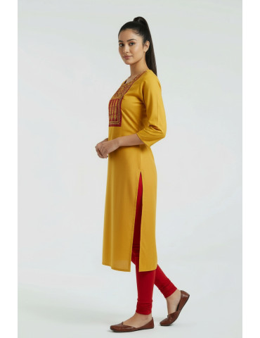Women Mustard Yellow Modal Silk  Ajrakh Patch Kurta
