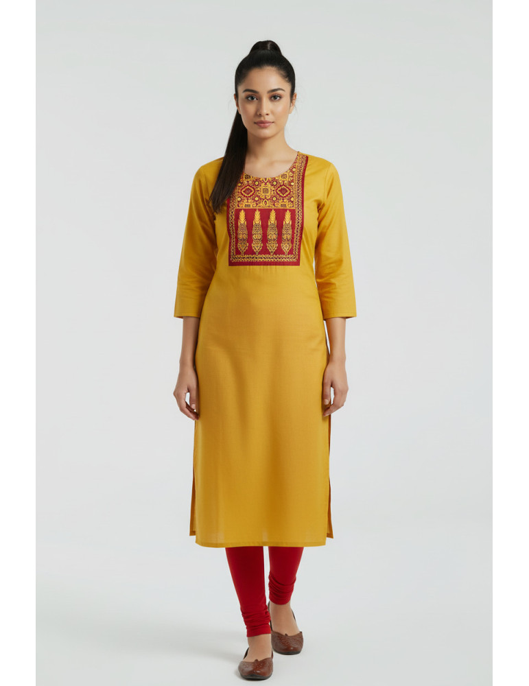 Women Mustard Yellow Modal Silk  Ajrakh Patch Kurta