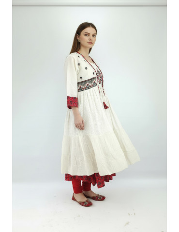 Women Off White Red Cotton Long Kurta