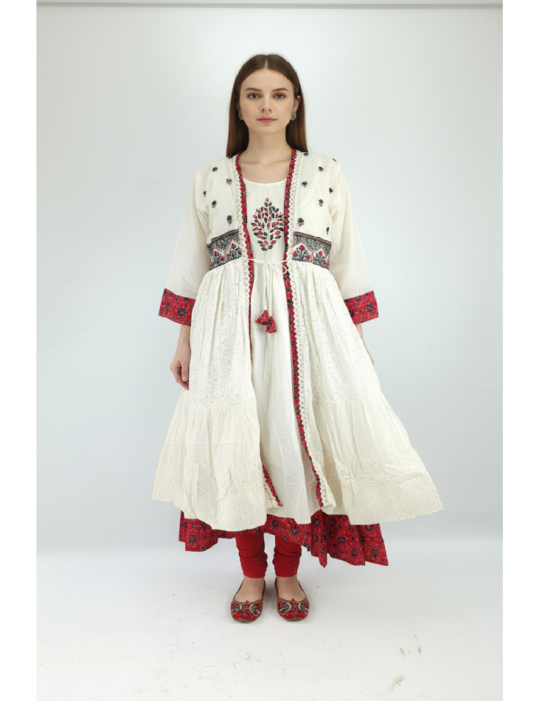Women Off White Red Cotton Long Kurta