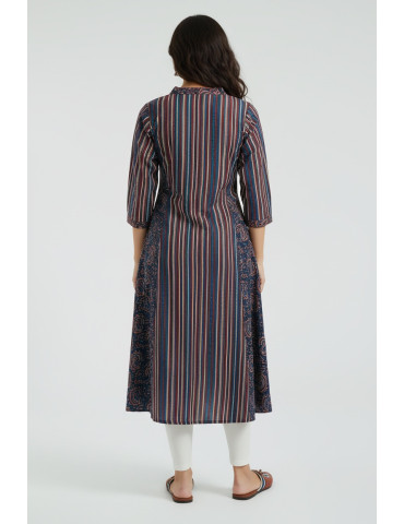Women Navy Blue Cotton Ajrakh Hand Block Kurta