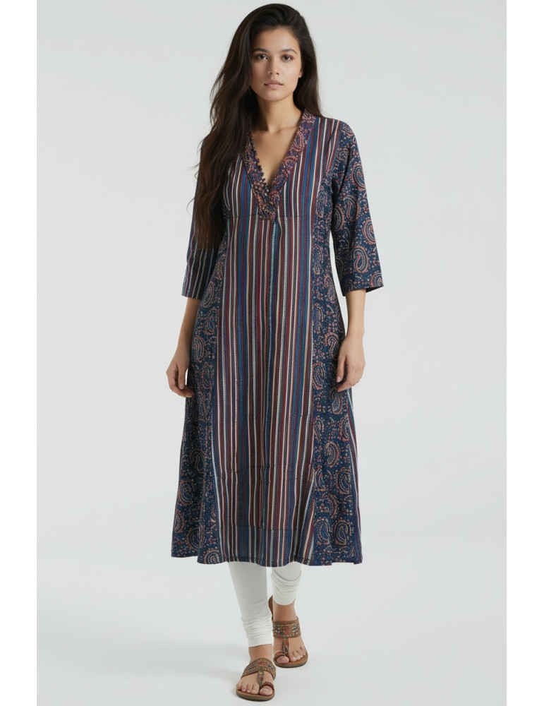 Women Navy Blue Cotton Ajrakh Hand Block Kurta