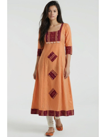 Women Apricot Cotton Sambalpuri Handloom Anarkali Kurta