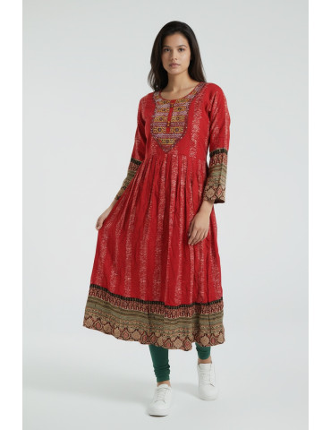 Women Red Poly Cotton Anarkali Kurta
