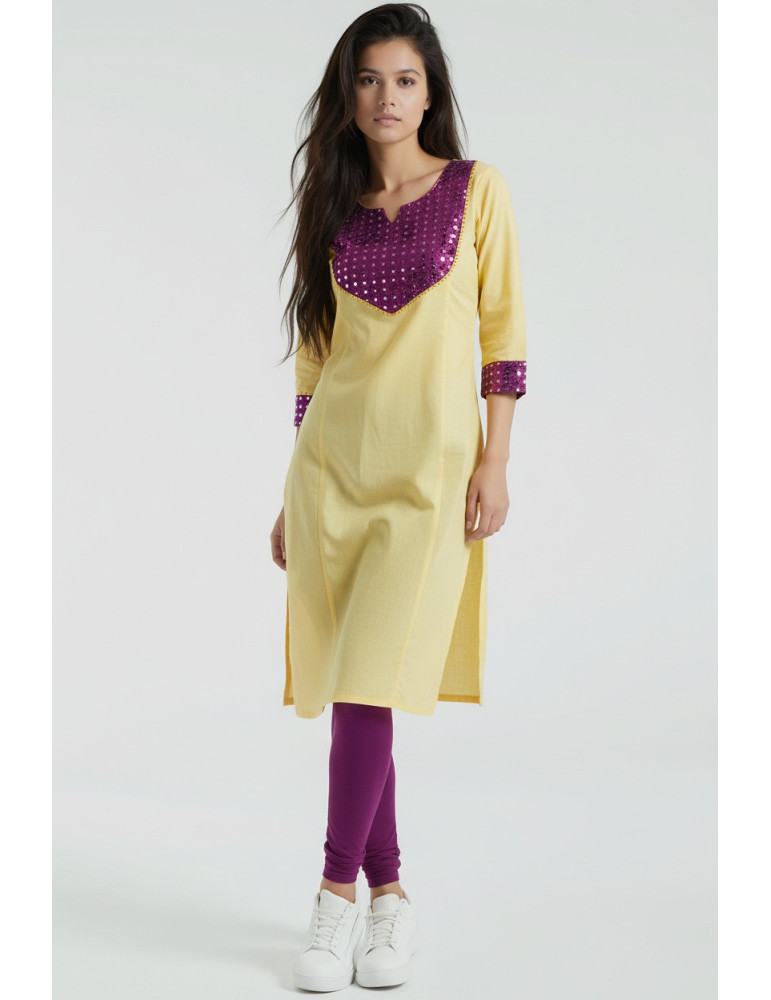 Women Lemon Yellow Poly Cotton Kurta