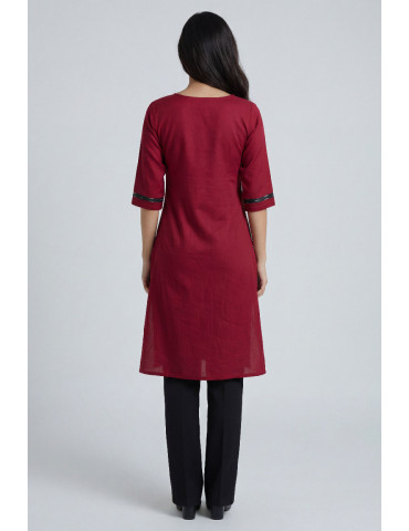 Women Maroon Black Cotton Ikat Handpainted Tribal work Kurta