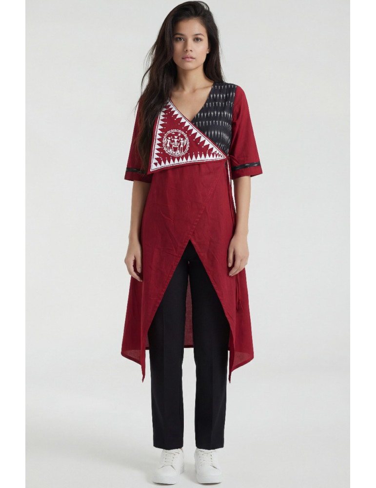 Women Maroon Black Cotton Ikat Handpainted Tribal work Kurta