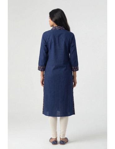 Women Navy Blue Cotton Ajrakh Patch Applique Work Kurta
