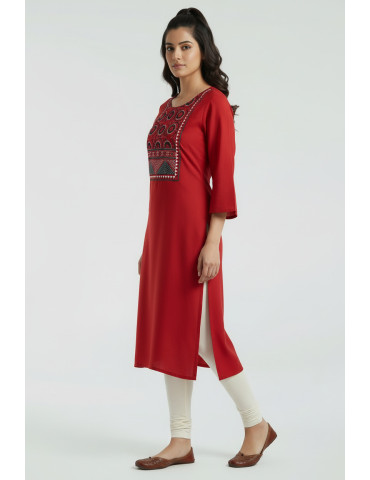 Women Red Modal Silk  Ajrakh Patch Kurta