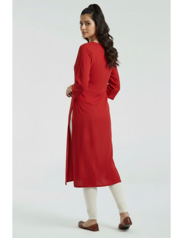 Women Red Modal Silk  Ajrakh Patch Kurta