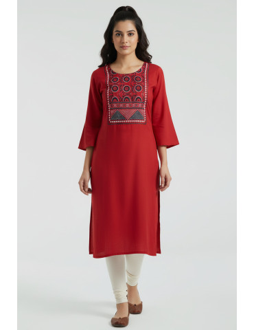 Women Red Modal Silk  Ajrakh Patch Kurta