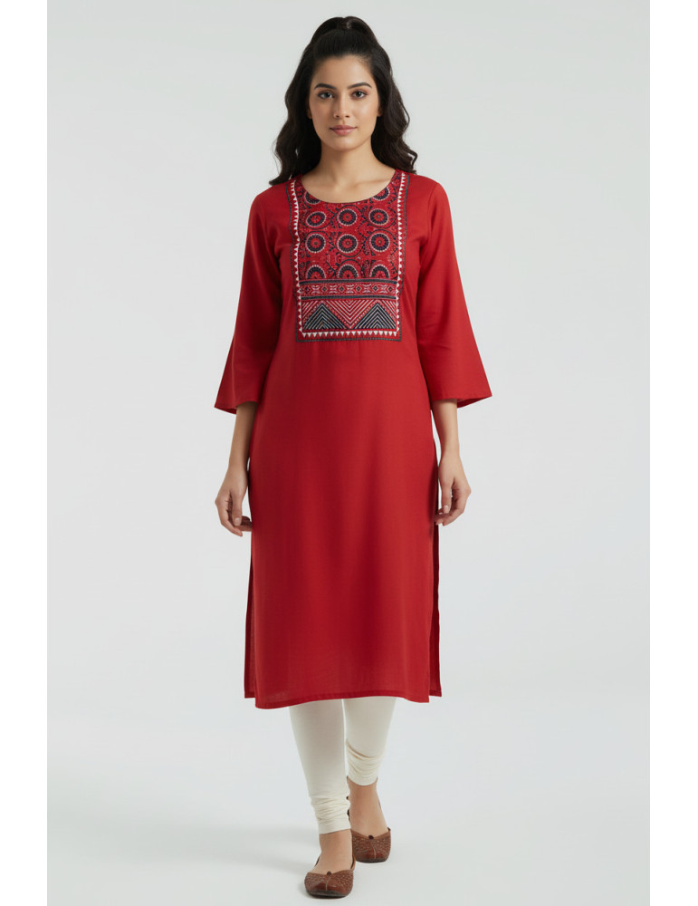 Women Red Modal Silk  Ajrakh Patch Kurta