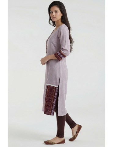 Women Light Dusty Lavender Cotton Sambalpuri Contrast Panel Kurta