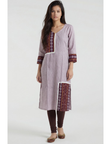 Women Light Dusty Lavender Cotton Sambalpuri Contrast Panel Kurta