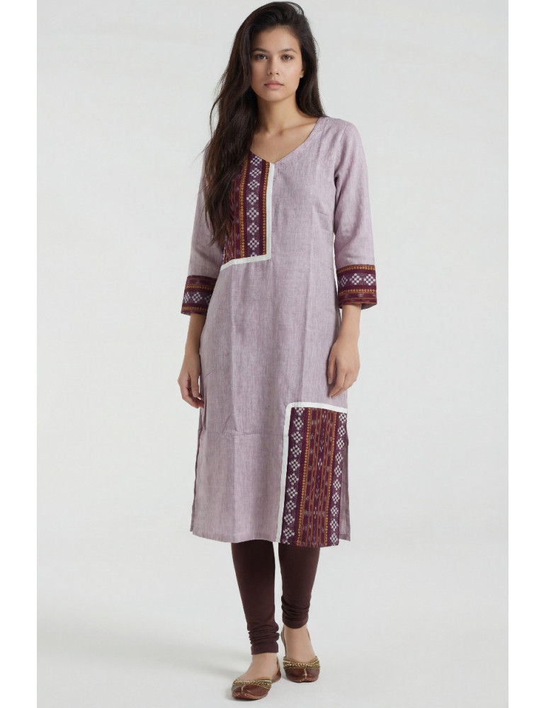 Women Light Dusty Lavender Cotton Sambalpuri Contrast Panel Kurta