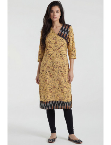 Women Beige Black Cotton Contrast Panel Kurta