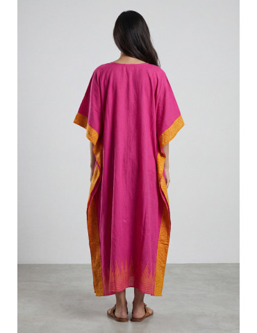 Women Blush Pink Mustard Yellow Cotton Ikat Patch Work Long Kaftan