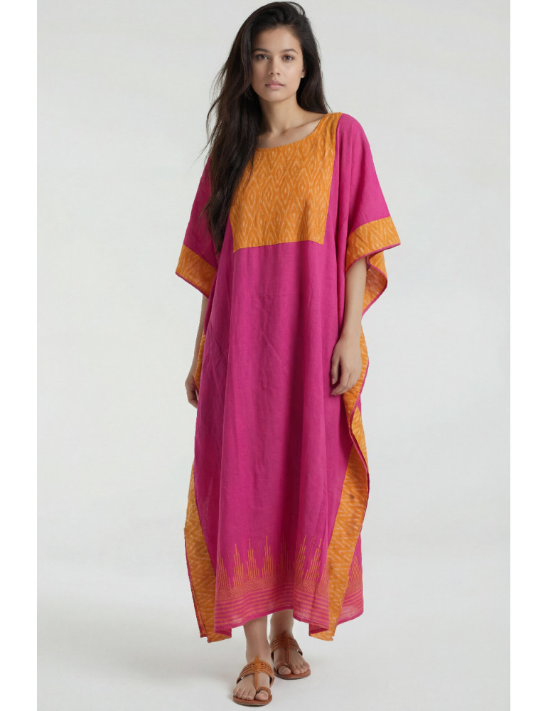 Women Blush Pink Mustard Yellow Cotton Ikat Patch Work Long Kaftan