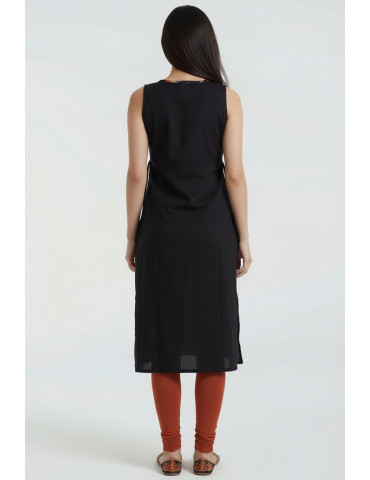 Women Black Brick Red Cotton Ikat Contrast Panel Kurta