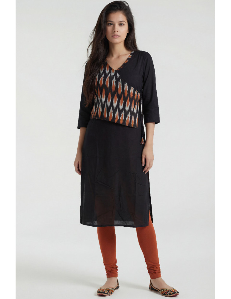 Women Black Brick Red Cotton Ikat Contrast Panel Kurta
