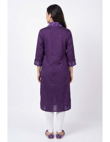 Women Purple Cotton Ikat Applique Work Kurta