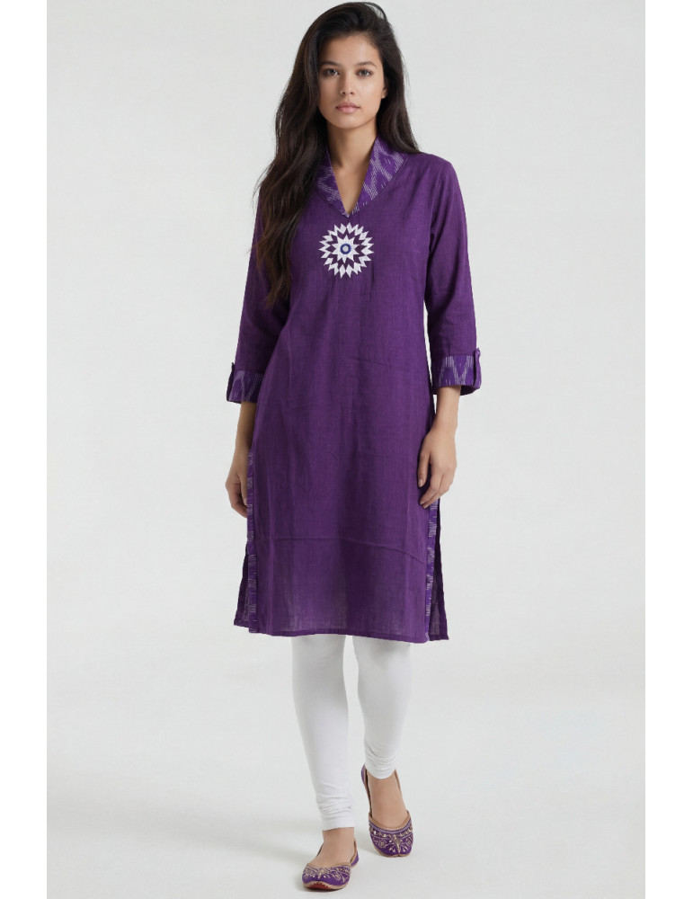 Women Purple Cotton Ikat Applique Work Kurta