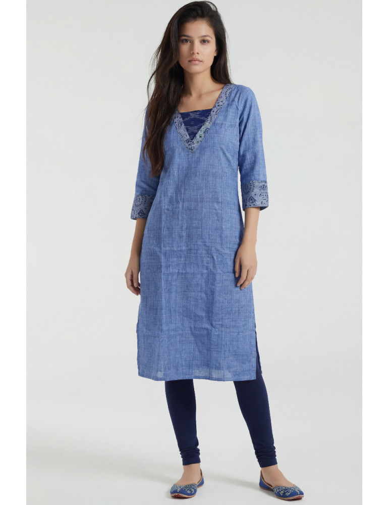 Women Denim Blue Khadi Patch Work Kurta