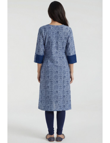 Women Denim Blue Cotton Linen Printed Tribal Art Kurta