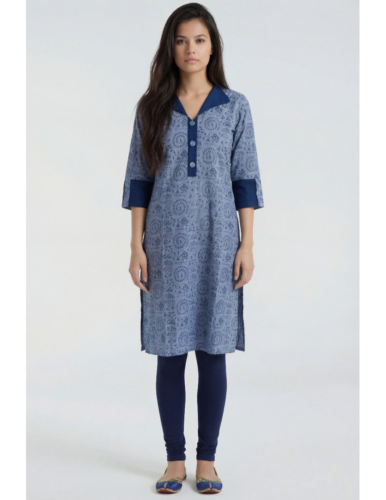 Women Denim Blue Cotton Linen Printed Tribal Art Kurta
