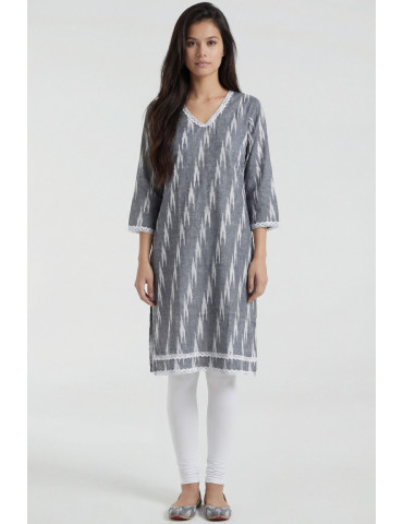 Women Ash Grey Cotton Ikat Kurta
