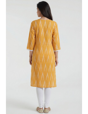 Women Mustard Yellow Cotton Ikat Kurta